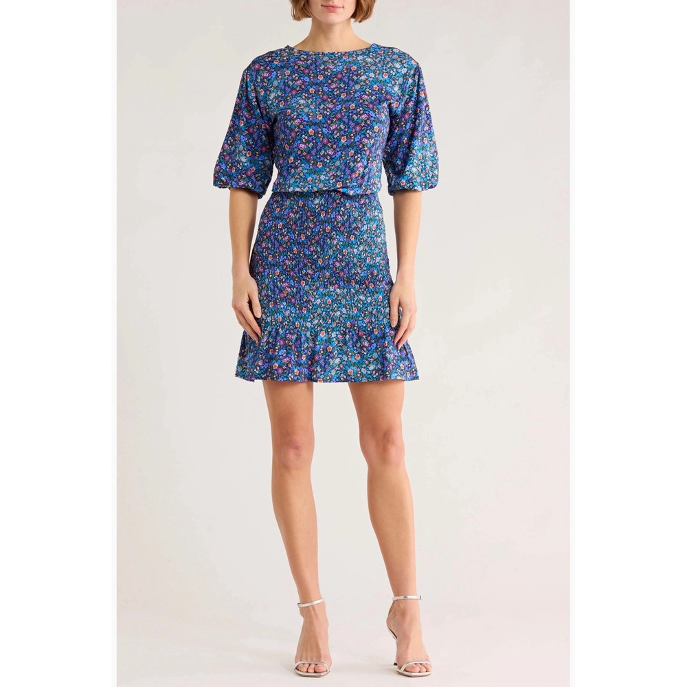 Sandro NWT Spinelle Blue Floral Mini Dress short sleeve Open Back Smocked 4 eu36